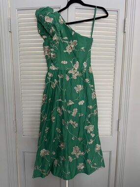Sea One-Shoulder Green Floral Midi Dress with Cream Embroidery